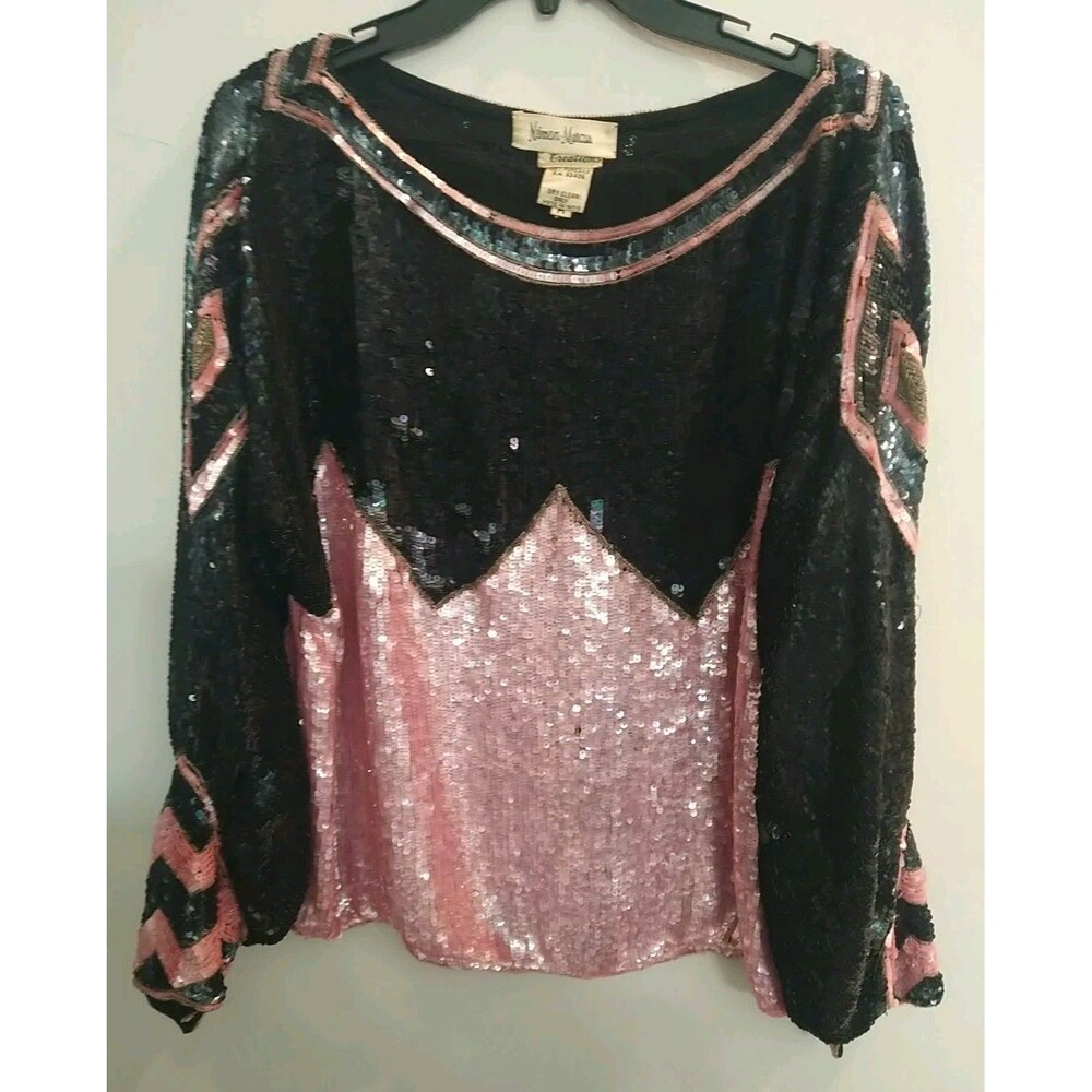 Neiman Marcus Sequence Beaded 100% Pure Silk Puff Sleeve Blouse Feminine Vintage